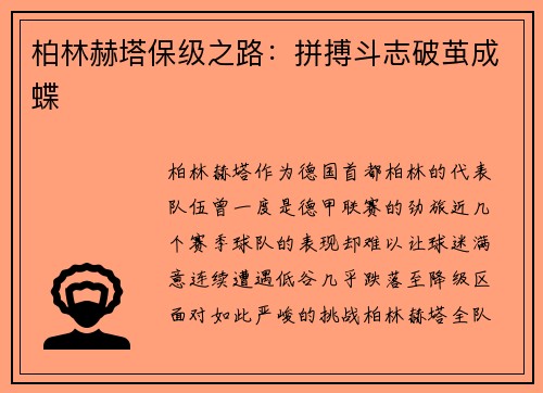 柏林赫塔保级之路：拼搏斗志破茧成蝶